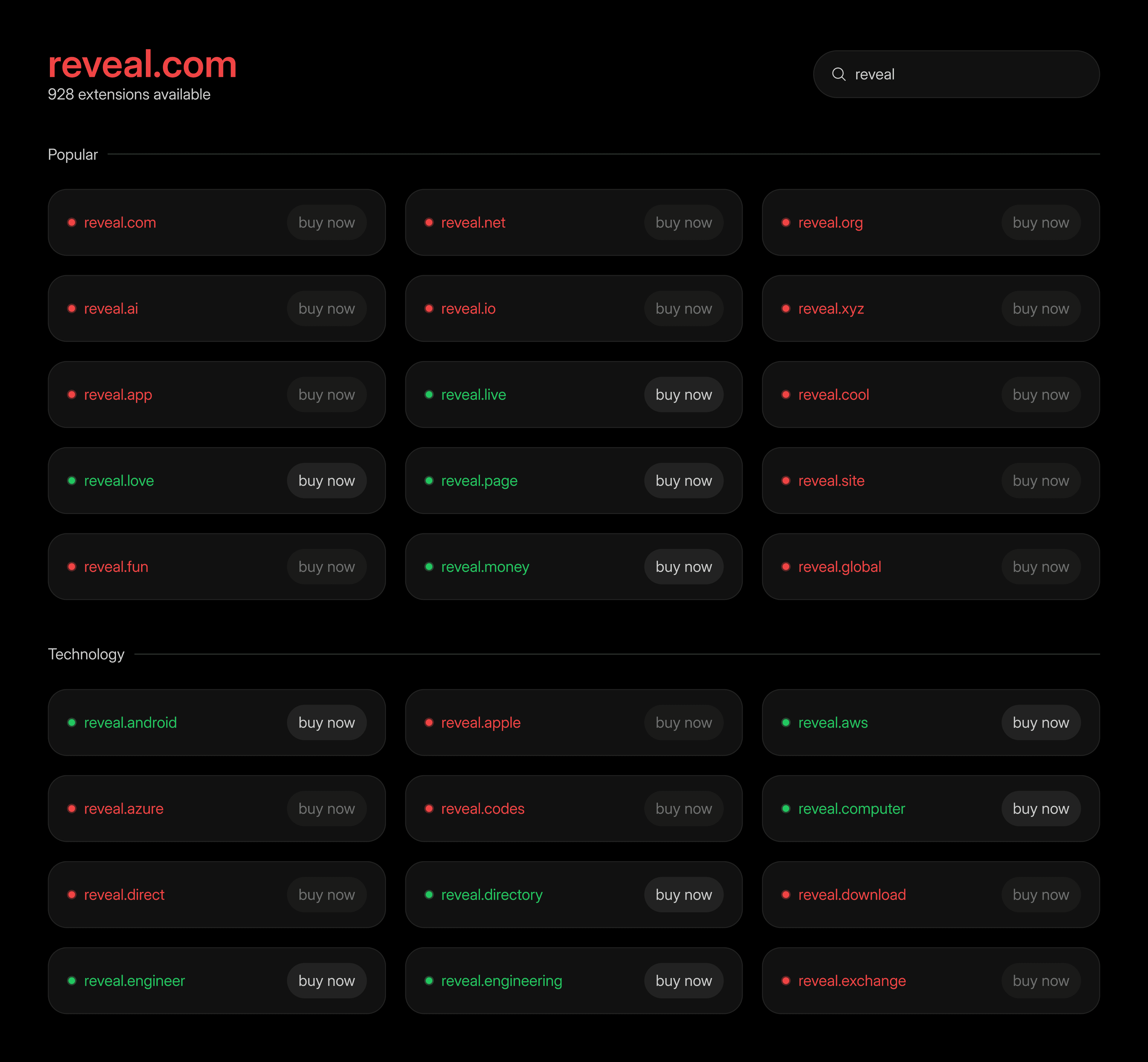 Domain search interface showing unlimited domain extension combinations and possibilities across multiple TLDs